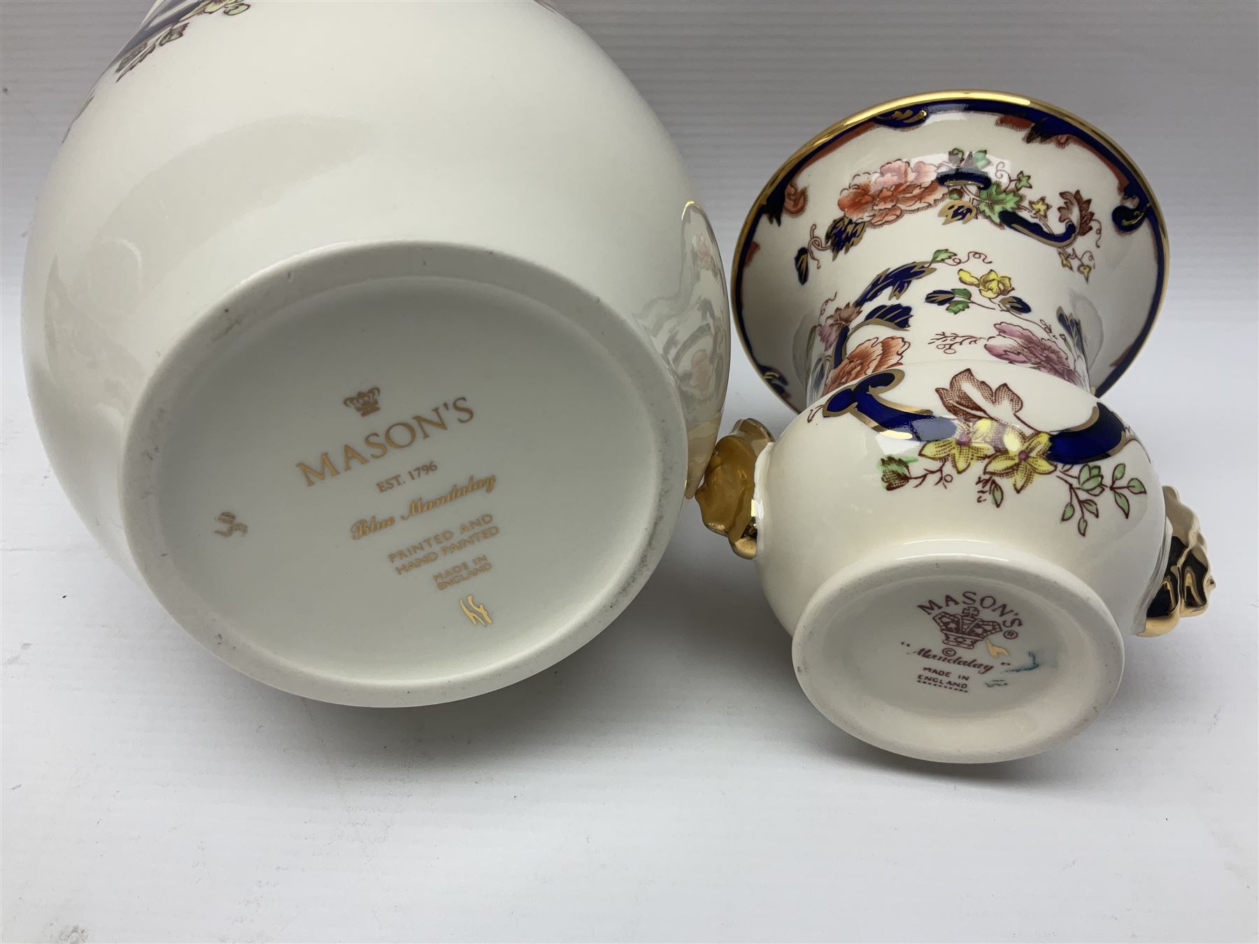 Masons Ironstone in the Mandalay pattern stepped dish, vase, jug , covered jar and two picture frames 