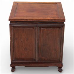 Early 20th century Chinese hardwood filing cabinet, moulded rectangular top over a tambour shutter front with twin recessed handles enclosing an arrangement of graduated drawers, raised on short cabriole legs with shaped apron