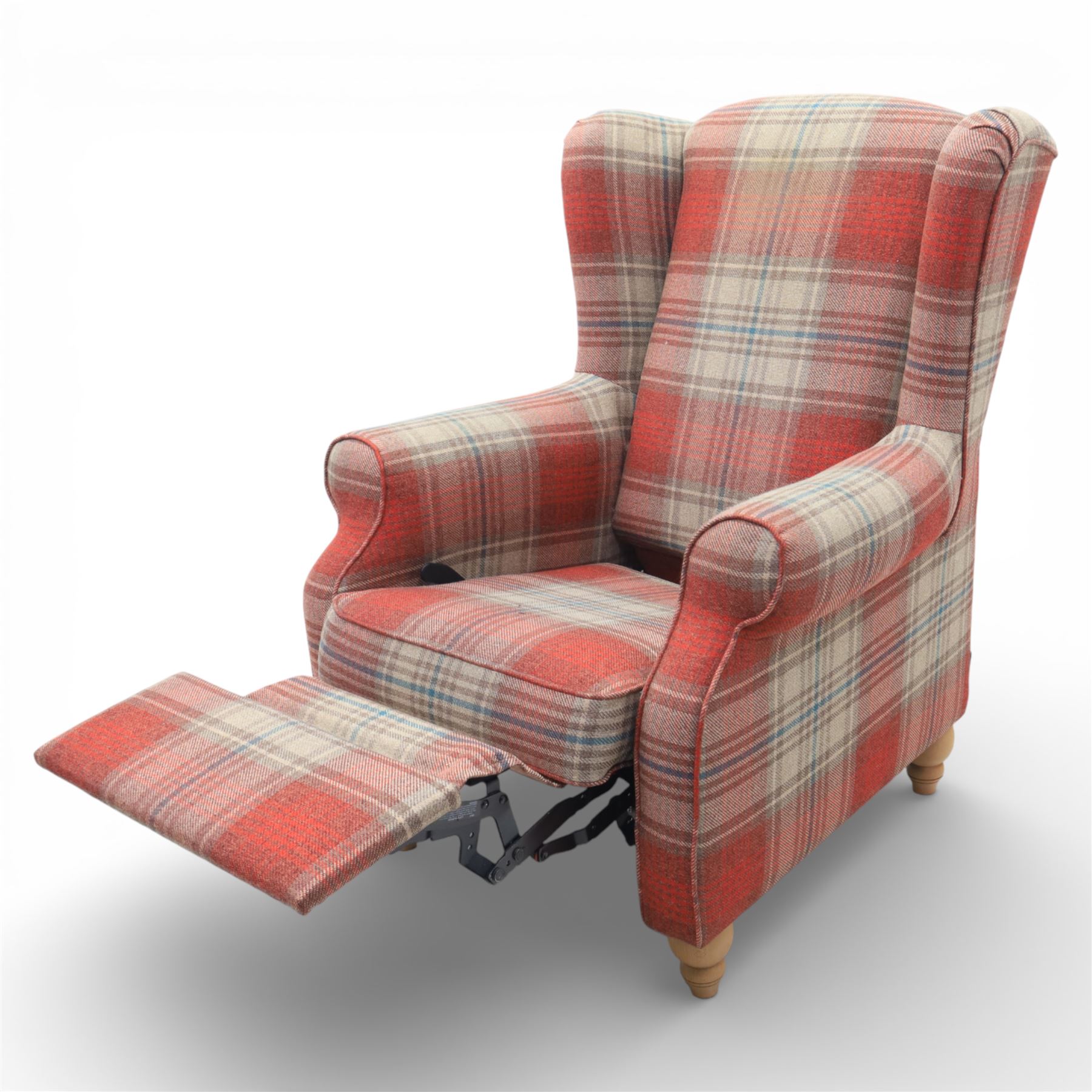 Next Home - Contemporary wingback reclining armchair, high winged back with padded sides, scroll arms, upholstered throughout in red and beige check fabric, loose seat cushion, fitted with a reclining mechanism, raised on short turned wooden 