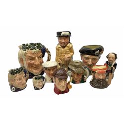 Three graduating Royal Doulton Bacchus character jugs, comprising small D6521, medium D6505 and large D6499, together with other character jugs to include The Poacher, Monty etc
