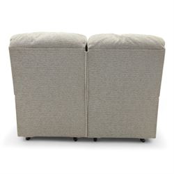 Sherborne - Two seat sofa, in grey chenille fabric upholstery with fixed cushions and upholstered scroll arms, split in to sections and on castors