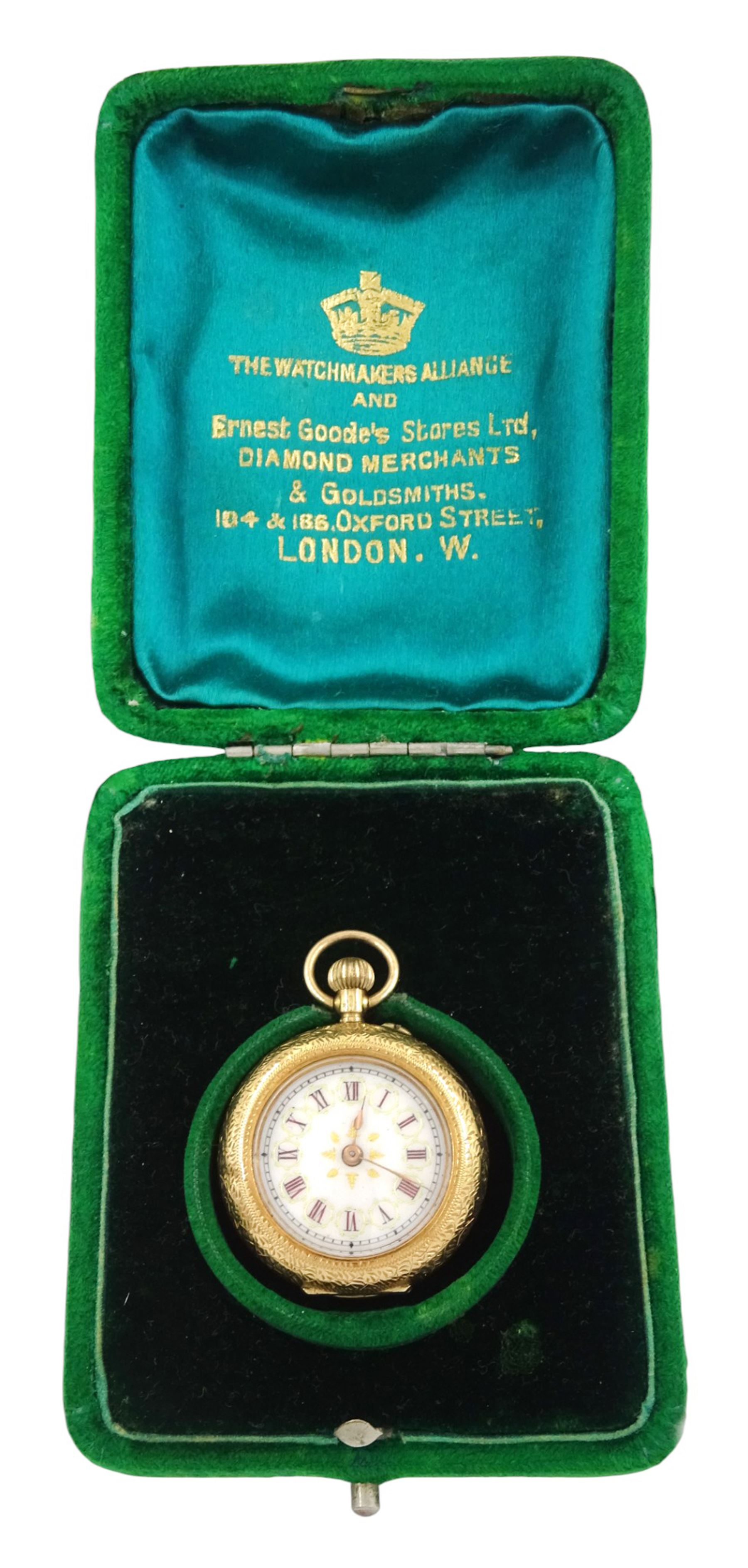 Early 20th century 14ct gold ladies cylinder fob watch, white enamel dial with Roman numeral hour markers, stamped, in velvet and silk lined case