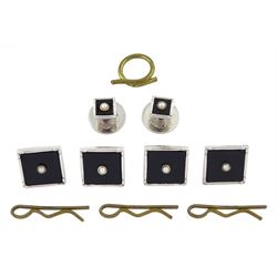 Set of four white gold black onyx and pearl cufflink buttons and two matching shirt studs, all stamped 9ct