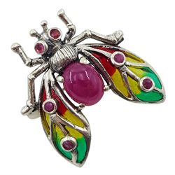 Silver ruby and plique-a-jour bug pendant/brooch, stamped 925