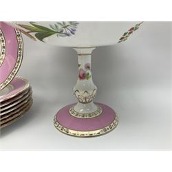 Victorian Copeland, Botanical dessert service, decorated with floral sprigs to the centre with a pink and gilt border, comprising five comports and seven plates, largest comport H20cm, plate D22cm