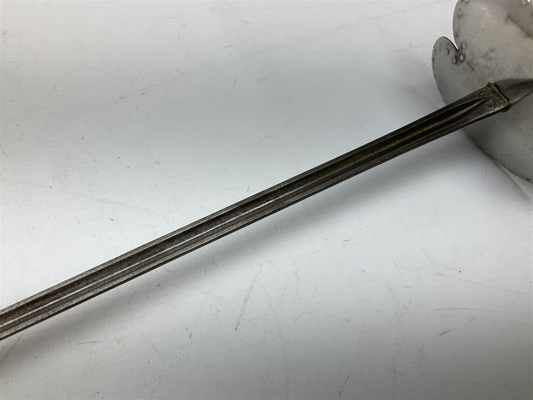 Three reproduction swords - Japanese katana and saya; Tai Chi sword with ornate scabbard; and dress sword with fullered triangular blade and horn handle (3)