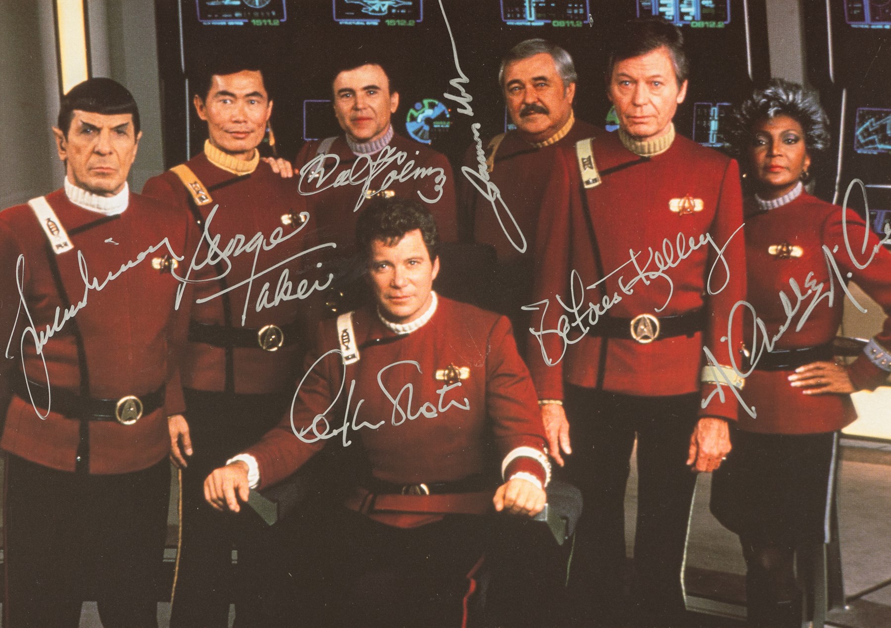 Heroes of the Final Frontier, limited edition autographed photograph, signed by Leonard Nimoy, George Takei, Walter Koenig, William Shatner, DeForest Kelley and Nichelle Nichols, limited edition no. 1171/2500, in a modern black frame, frame H41cm