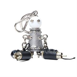 Prada - ‘Robot’ keyring and bag charm, in silver Saffiano leather and metal with studded detailing, articulated chain limbs and black bead hands, with split ring and lobster clasp, with original box