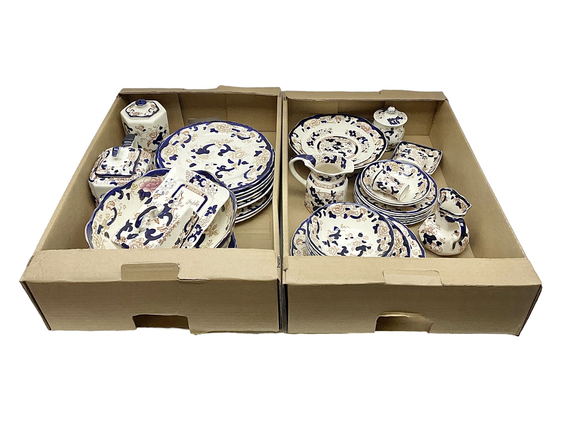 Masons Ironstone Mandalay pattern ceramics, including teapot, jar and cover, fruit bowl, butter dish, plates and bowls, etc, in two boxes 