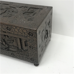  Eastern carved camphor wood blanket box depicting urban scene, W94cm, H49cm, D45cm   