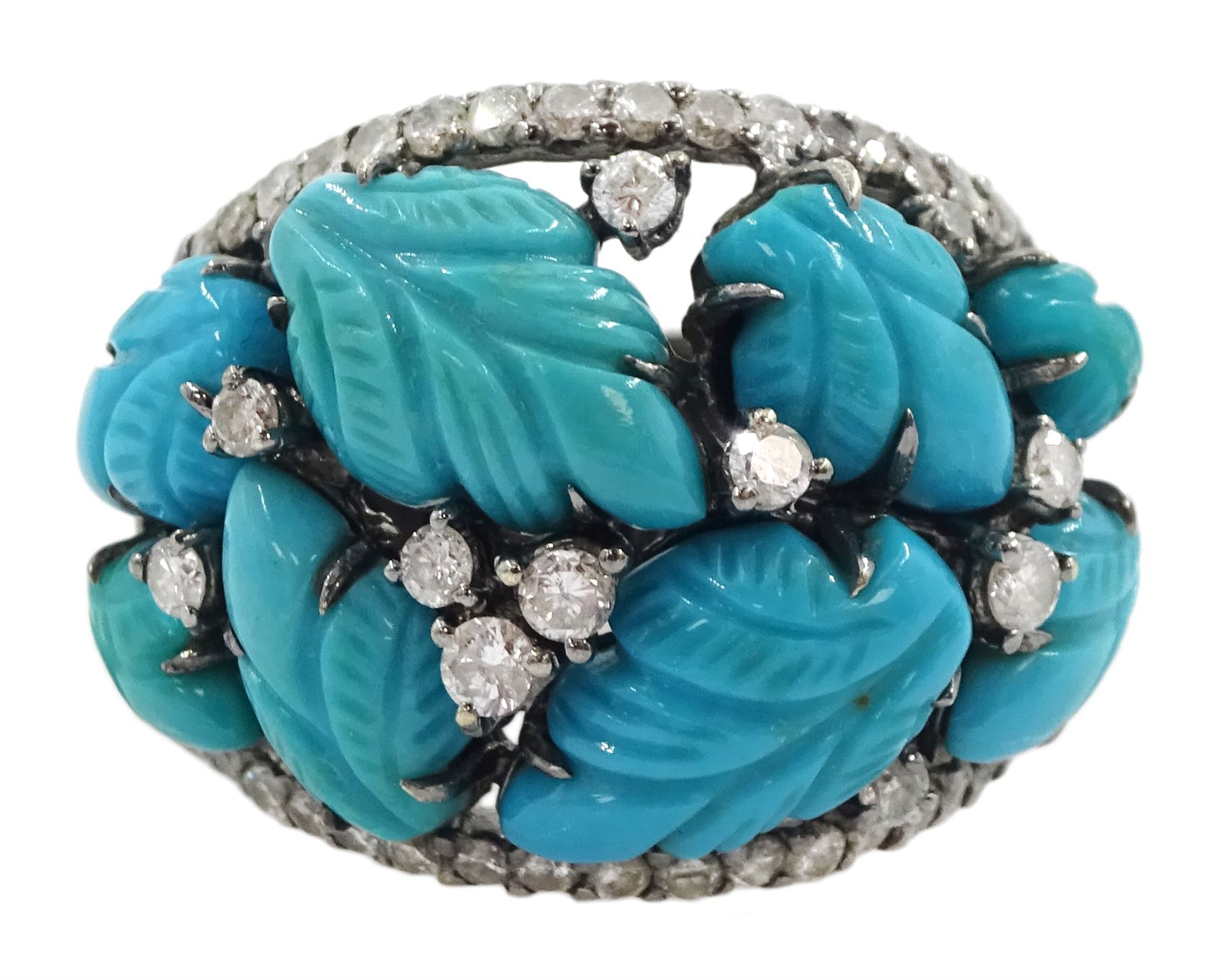 18ct gold black rhodium plated turquoise leaf and round brilliant cut diamond ring, stamped 750