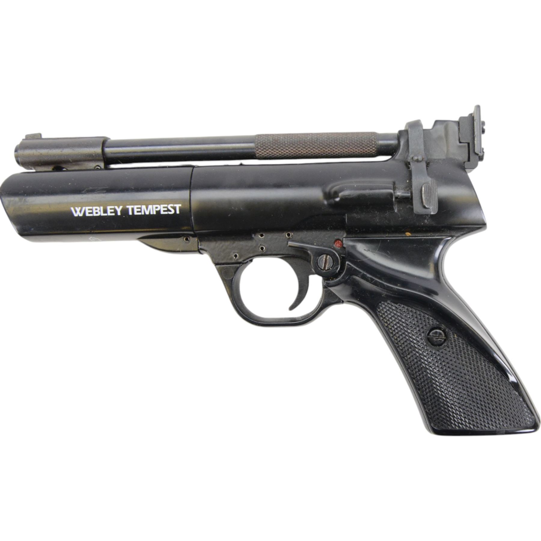 Webley Tempest .22 air pistol, the chamber marked 'Webley Tempest' and 'Webley & Scott Ltd. Made in England' beneath, with black checkered grip, H16cm, L28cm