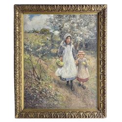 Rowland Henry Hill (Staithes Group 1873-1952): 'April' - The Primrose Gatherers, oil on canvas signed and dated 1910, original title label verso with artist's address 'Cannon Cottage, Runswick, Hinderwell' 90cm x 70cm
Provenance: in the same family ownership since the 1930s, this picture was probably the inspiration for the formation of an important collection of Staithes Group pictures by later generations. Surely one of the finest, and indeed largest, Rowland Hills ever to come on to the market.