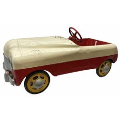 1950s child's tin-plate pedal car, possibly by Tri-ang, painted white and red and named 'Crusader' L104cm