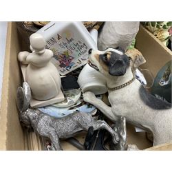 Sylvac green seated dog, together with pair Wade Heath vases, wall charger and other collectables, in two boxes  