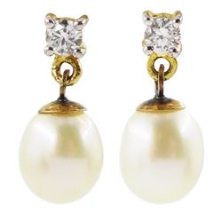 Pair of 18ct gold pearl and round brilliant cut diamond pendant stud earrings