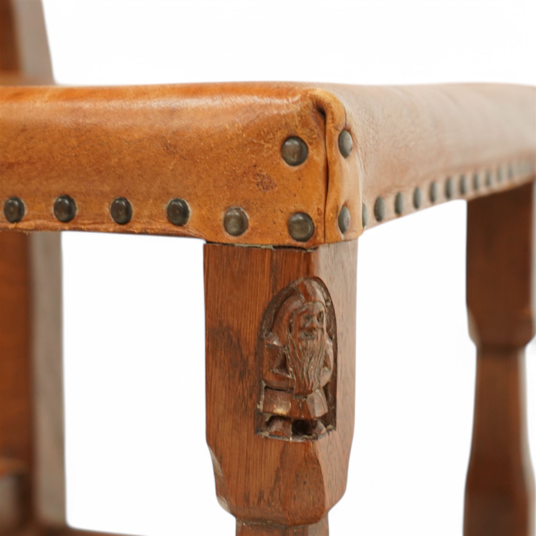 Gnomeman - set of six (4+2) oak dining chairs with panelled backs, by Thomas Whittaker, Littlebeck, Whitby