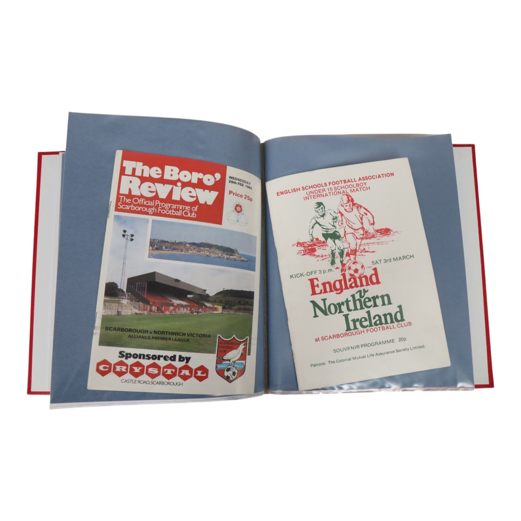 Comprehensive collection of approximately two-hundred Scarborough FC football programmes for the 1983/84, 1984/85,1985/86 and 1986/87 seasons, all filed within eight dedicated Scarborough FC red Home and Away binders 