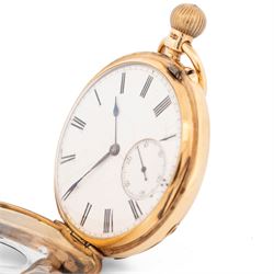 Victorian 18ct gold half hunter keyless lever presentation pocket watch by Lavine Brothers, Johannesburg & London, white enamel dial with Roman numeral hour markers and subsidiary seconds dial, the base case monogrammed with initials, case by Fred Thoms, London 1897
