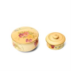 Early 20th century Royal Worcester blush ivory items including jug painted with floral sprays and with gilt handle H14cm, pot pourri with pierced cover, small two handled vase H8cm and two lidded pots (5)