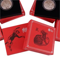 Six The Royal Mint United Kingdom 'Shēngxiào Collection' one ounce fine silver two pound coins, comprising 2016 'Lunar Year of the Monkey', 2020 'Lunar Year of the Rat', 2023 'Lunar Year of the Rabbit', 2024, 'Lunar Year of the Dragon', 2025 'Lunar Year of the Snake', and 0226 'Lunar Year of the Horse', cased with certificates