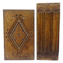 17th century carved oak linen fold panel, H39cm W15cm, together with a 19th century example, carved with lozenge, H35cm W21.5cm
