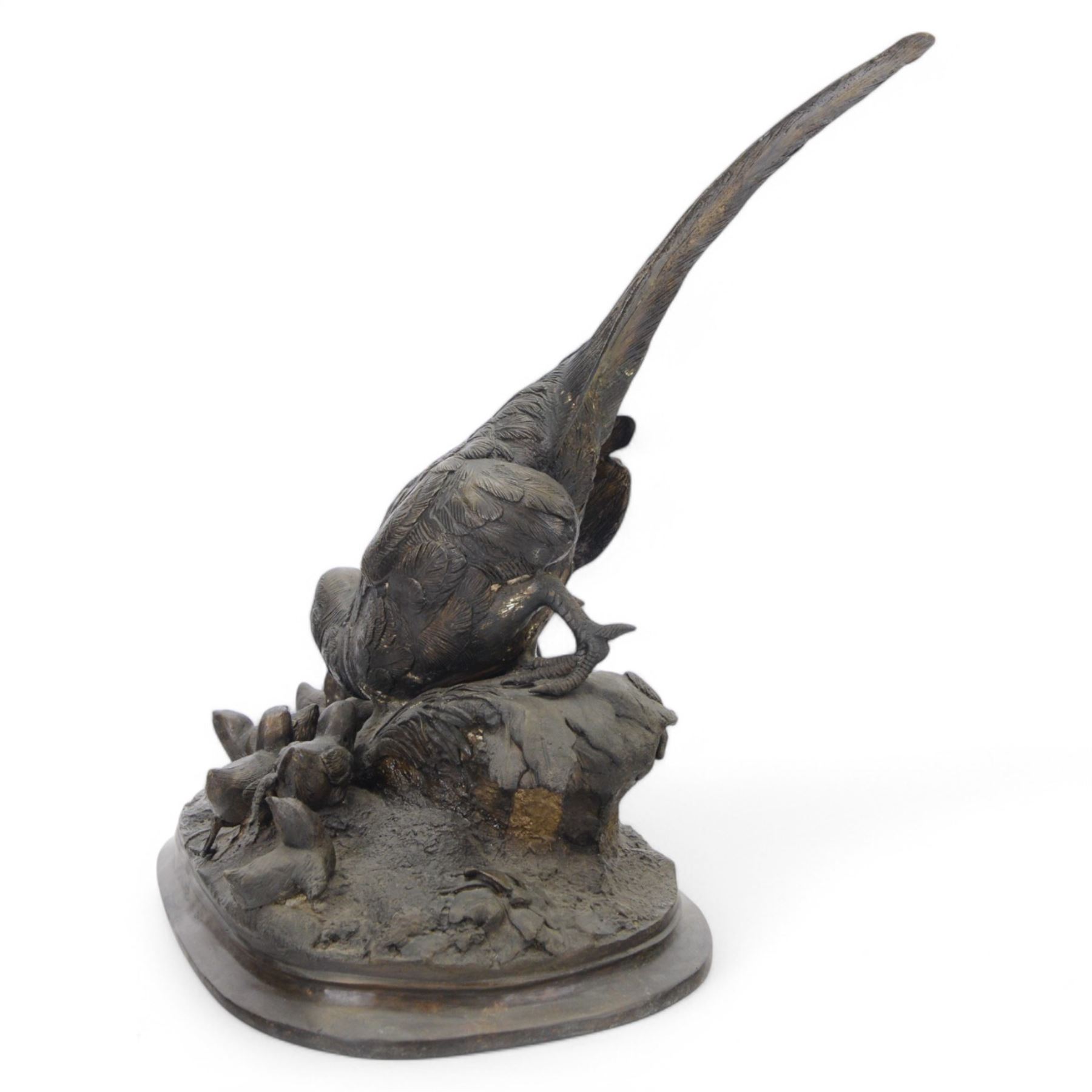 Bronzed figure group of a pheasant with six chicks upon a naturalistically modelled ground, after A. Arson, H45cm