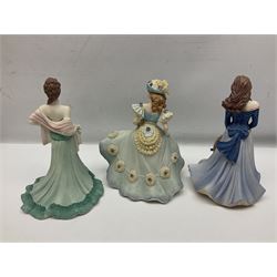 Eight Coalport figures of ladies, comprising five Age of Elegance examples to include Richmond Park, Summer Saunter and Touch of Spring, together with Beau Monde Isobel 1998, Valentine Debutante Eternity and Devotion