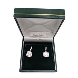 Pair of silver cubic zirconia pendant stud earrings, stamped 925, boxed 