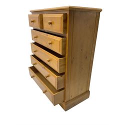 Pine straight-front chest, fitted with two sort and four long drawers, on plinth base