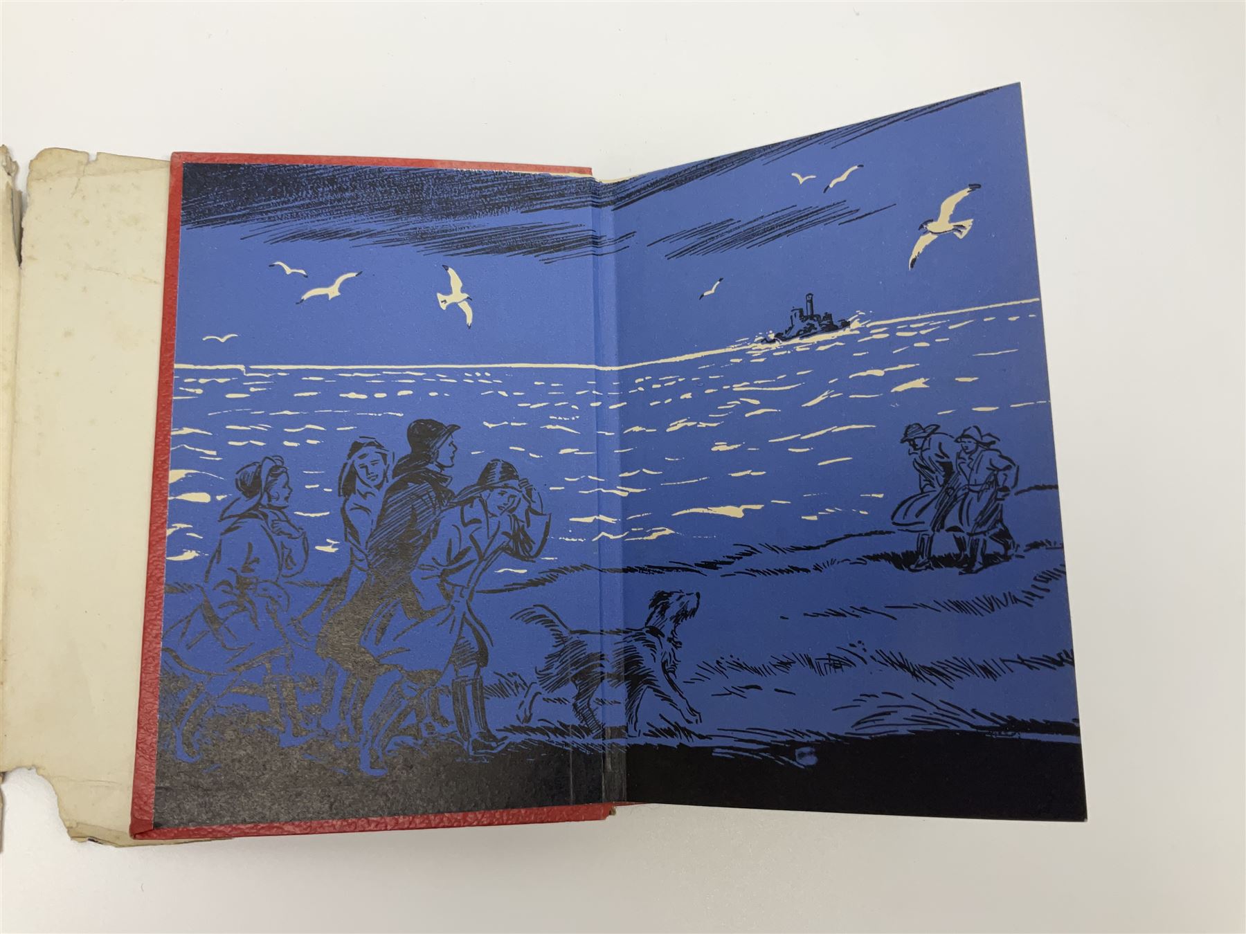 Blyton Enid: Five on Kirrin Island Again, first edition, Hodder & Stoughton, 1947, colour frontispiece, tinted plates and plain illustrations to text, pictorial endpapers, original red boards lettered in black in dust jacket (6/-, with telescope the wrong way round)