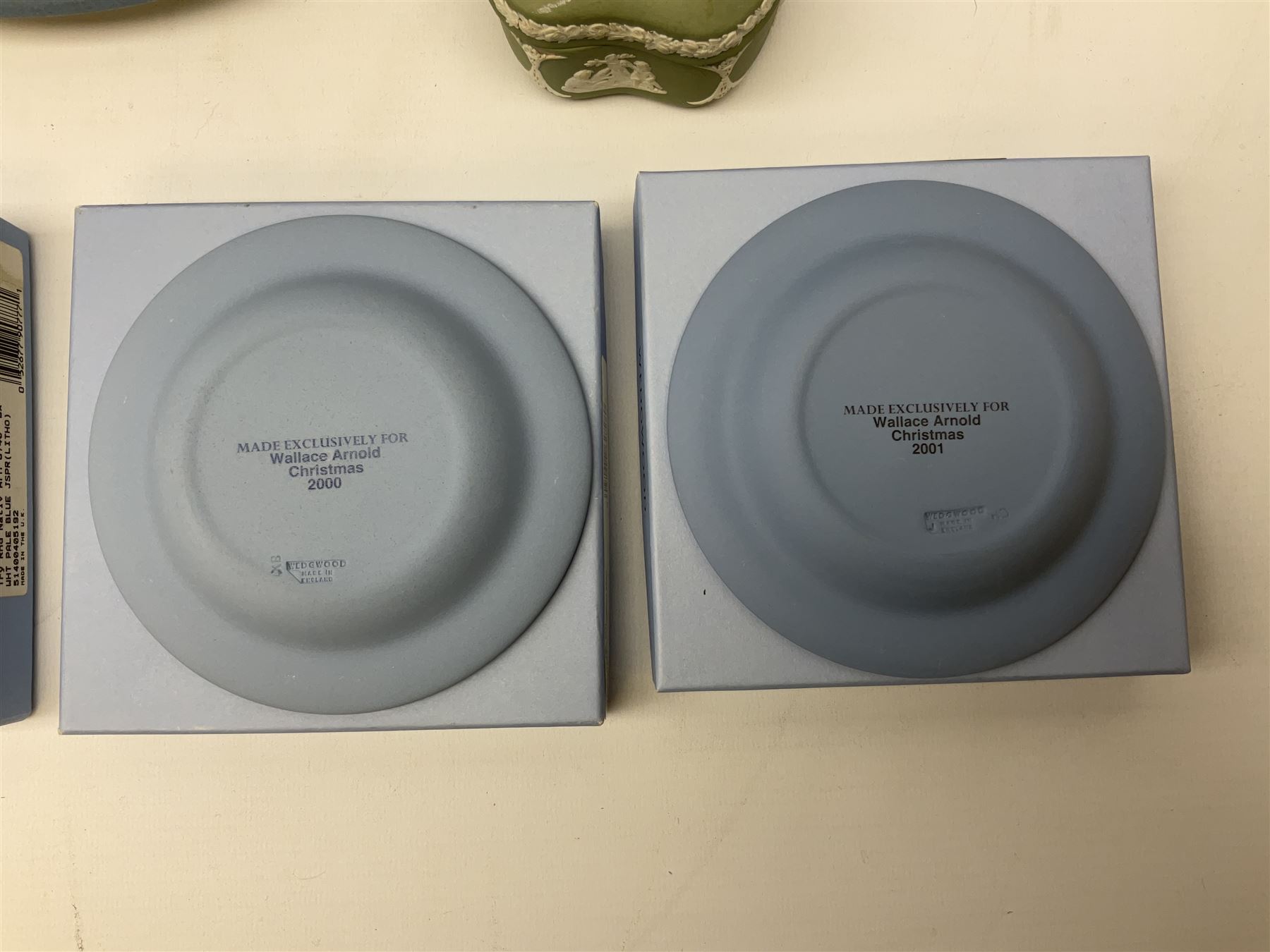 Late 19th century pale blue Wedgwood Jasperware cheese dome with cover, decorated with acorn and oak leaf bands surrounding neo-classical ladies, cherubs, flowers and trees, impressed Wedgwood mark beneath, together with further Wedgwood Jasperware teapots, boxed dishes etc