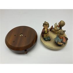 Three Hummel figure groups by Goebel, comprising Tuneful Trio, Travelling Trio and Trio of Wishes, together with Hummel Little Band music box, tallest H17cm 