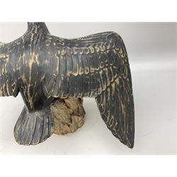 Wooden sculpture of Cormorant aquatic bird on a naturalistic wooden plinth, H46cm