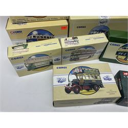 Corgi - twenty eight modern die-cast model coaches, buses and wagons to include Corgi Classics 35305, 96991, 97002, two 97108, 97208, 97267, 97335, 97871 and 98162; limited edition sets D949/26, 97107 and 97185; The Yorkshire Rider Series 91700, 91853, 91858 and 91862; all but one in original boxes or perspex display cases, most with certificates (27)