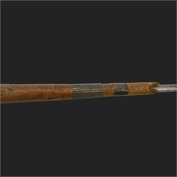 Middle Eastern percussion cap rifle, the 107cm  barrel with four brass bands and ramrod under, overall L143cm, together with another percussion rifle the 106cm barrel a copy of a 17th century Spanish barrel, complete with fake stamp, by vendors repute this rifle was confiscated from tribesmen in Kurdistan by police
Sold as an exempt item under Section 58 (2) of the 1968 Firearms Act, to be held as a curiosity or ornament