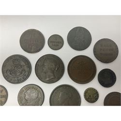 Thirty six late 18th century and onwards United Kingdom and World coins and tokens, to include 1772 Catherine II 5 Kopecks, Swedish quarter and half Skilling pieces dated 1809 and 1806, two Skilling Courant piece dated 1810, 1831 Isle of Man half penny token etc 