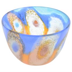 Pauline Solven, studio glass bowl decorated with abstract circular pattern upon blue and orange grounds, H11cm, D15cm 