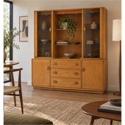 Ercol - Windsor elm and beech wall unit sideboard, upper section with twin smoked glazed c...