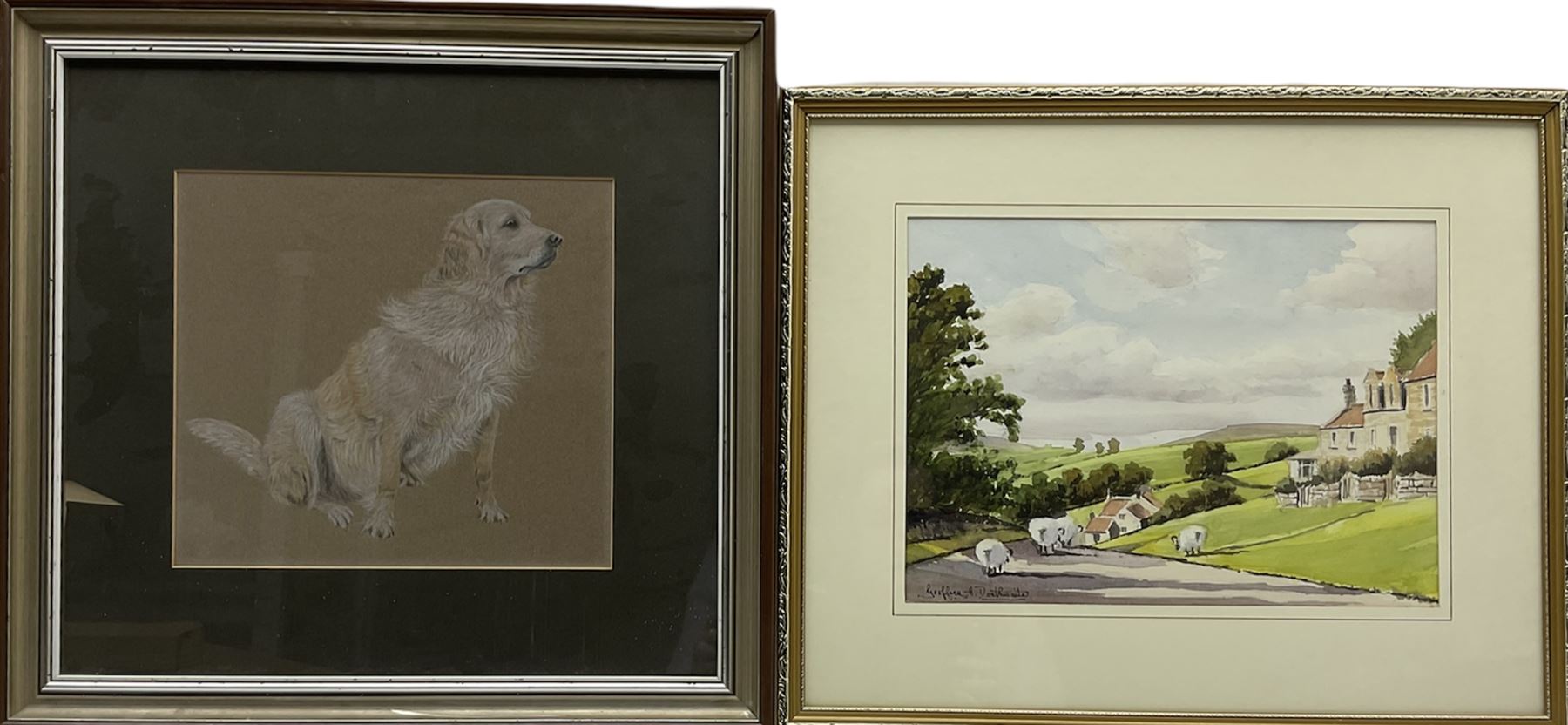 Geoffrey H Douthwaite (British 20th century): 'A Moorland Village', watercolour signed, titled verso together with English School (20th century): Golden Retriever, chalk on paper unsigned max 25cm x 34cm