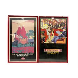 Two framed London Transport Posters; Always Warm and Bright after Mervyn Lawrence and The Hop Gardens of Kent by Motor-Bus after Dorothy Dix, later reproductions in painted red frames, 50cm x 78cm (2)