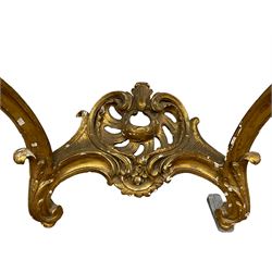 19th century giltwood and gesso console table, shaped variegated rouge marble top with moulded edge, central shell motif with extending scrolled foliage, on foliate and flower head moulded cabriole supports united by pierced shell middle rail, scrolled acanthus leaf terminals 