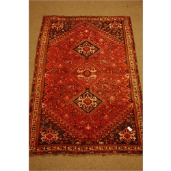  Persian multicoloured rug, triple stepped medallion field with spandrels within repeating border, 250cm x 170cm  