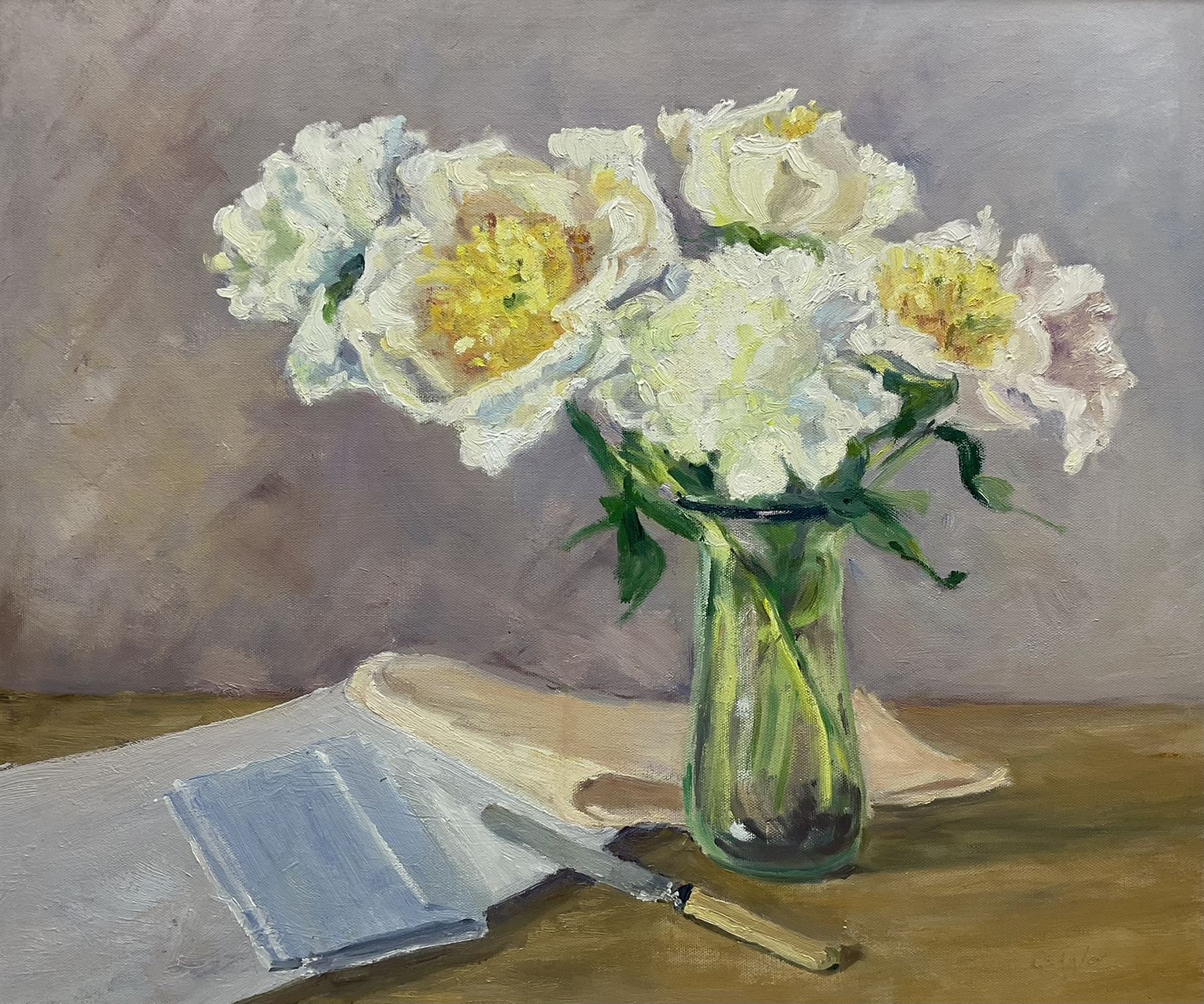 Catherine Tyler (British 1949-): 'Peonies', oil on canvas signed, titled verso 50cm x 60cm