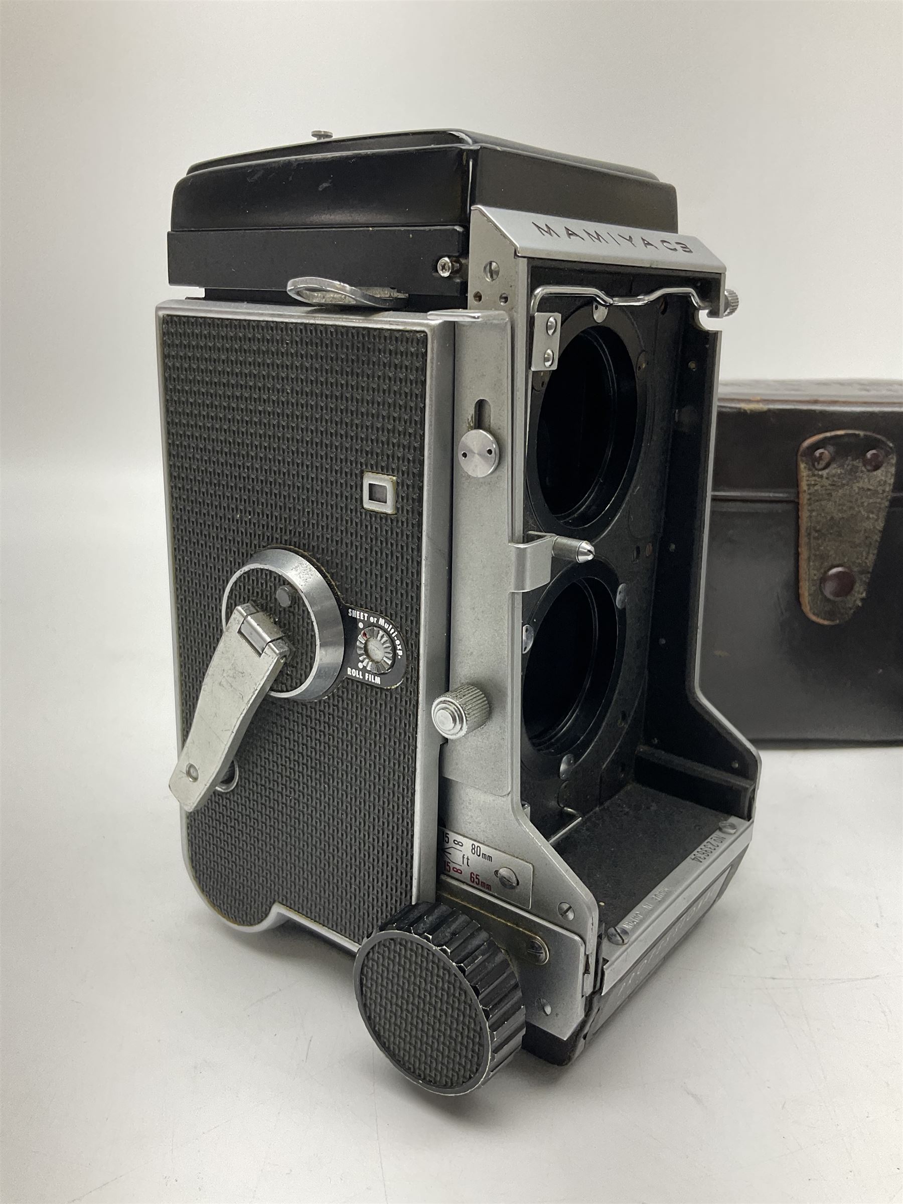 Mamiyaflex C3 TLR camera body, serial no. 2399634, with 'Mamiya Sekor 1:4.5 f=18cm' lens, serial no. 690864 and 736076