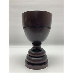 19th century large treen turned hardwood goblet, upon double knopped stem and circular foot, H23.5cm 