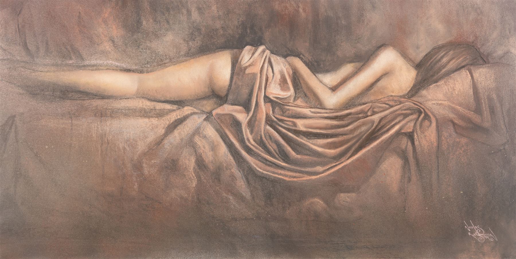 Nicolas Ruston (British 1975-): Reclining Nudes, pair of mixed media signed and dated '99, 38cm x 74cm (2)
