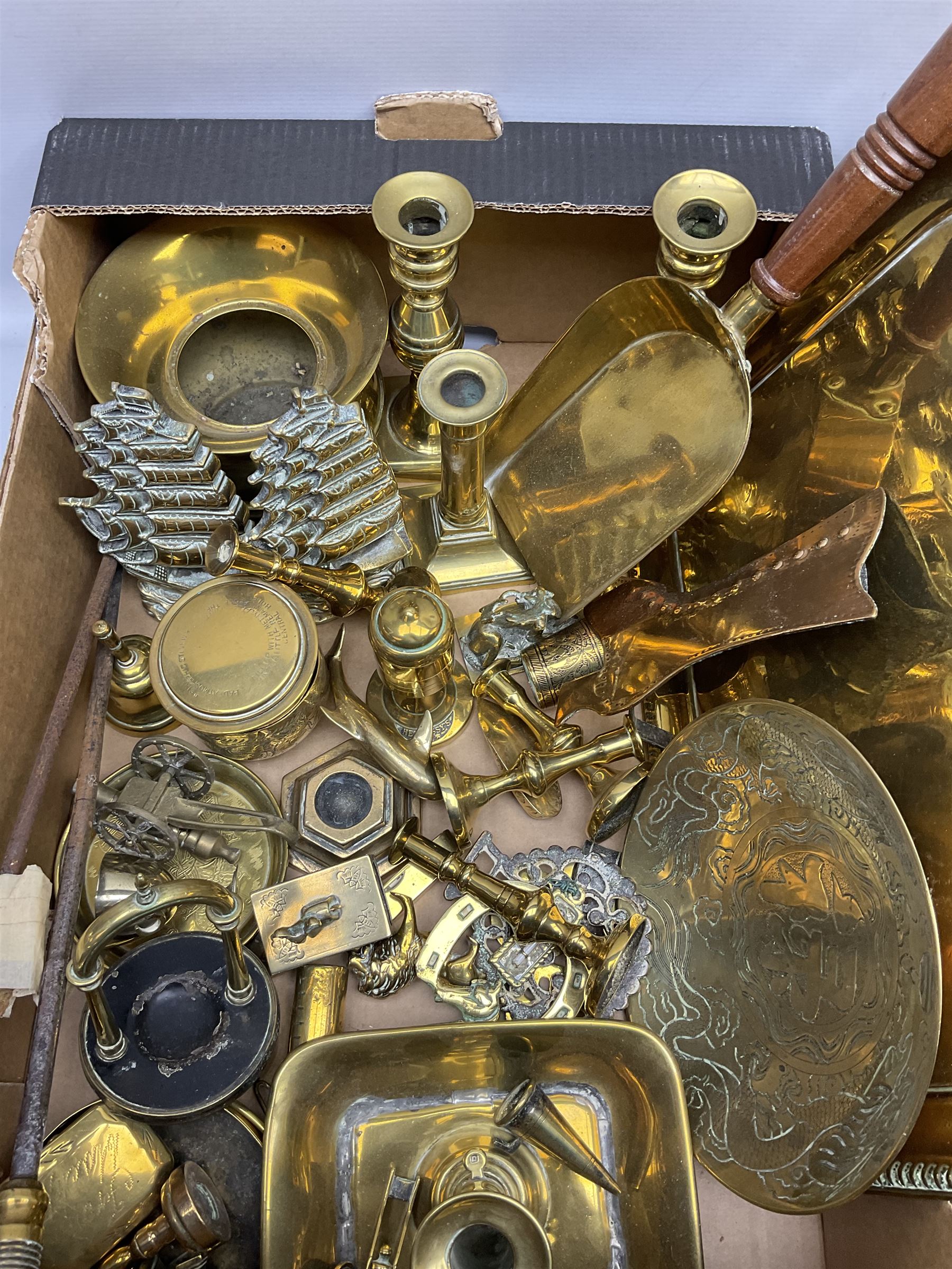 Quantity of brass to include Victorian roasting bottle jack by John Linwood, pair of candlesticks and further miniature candlesticks, rectangular tray, vases etc in two boxes