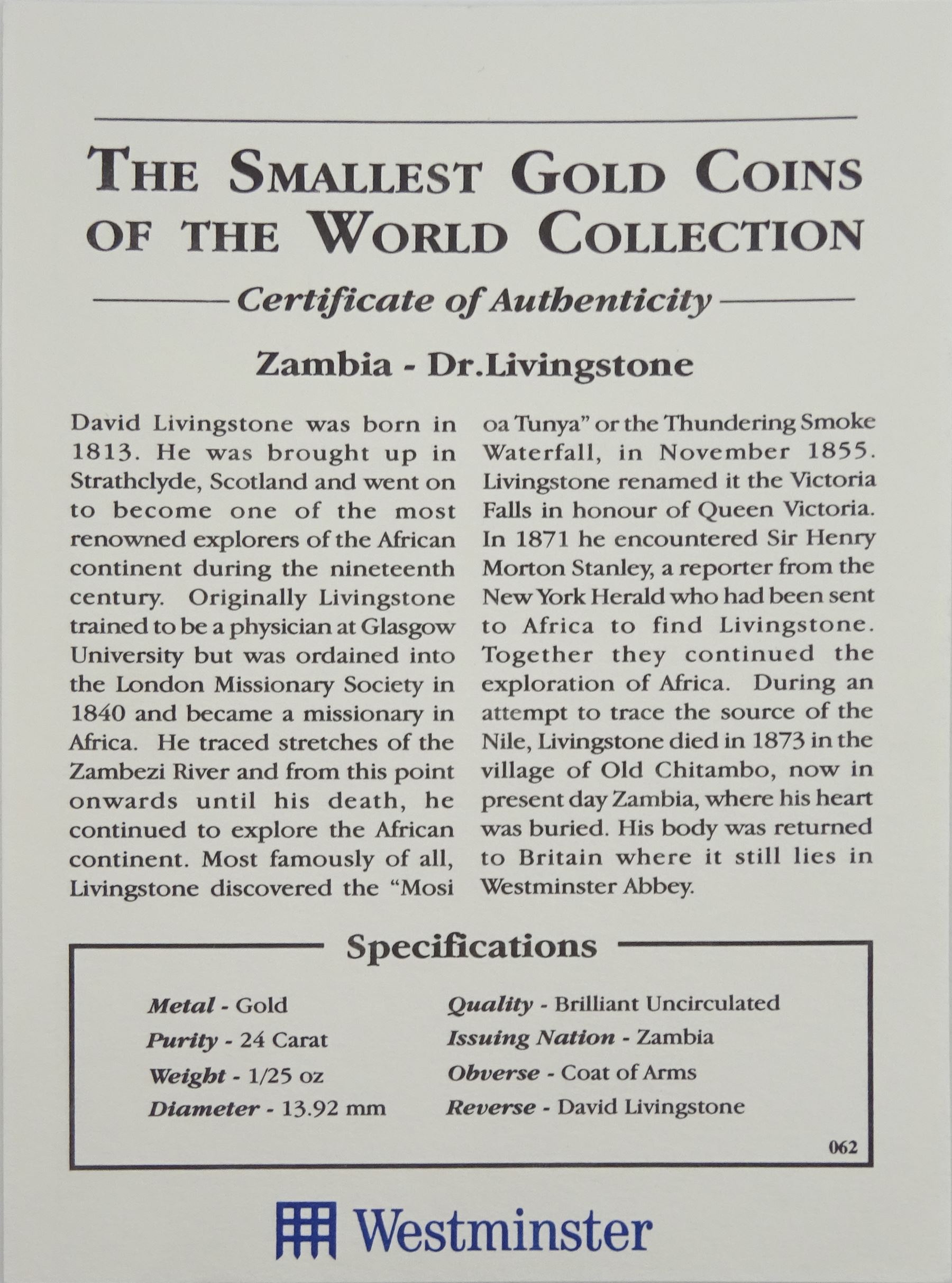 Bank of Zambia 1999 fine gold 1/25 ounce 'Dr. Livingstone' coin from 'The Smallest Gold Coins of the World Collection', with certificate