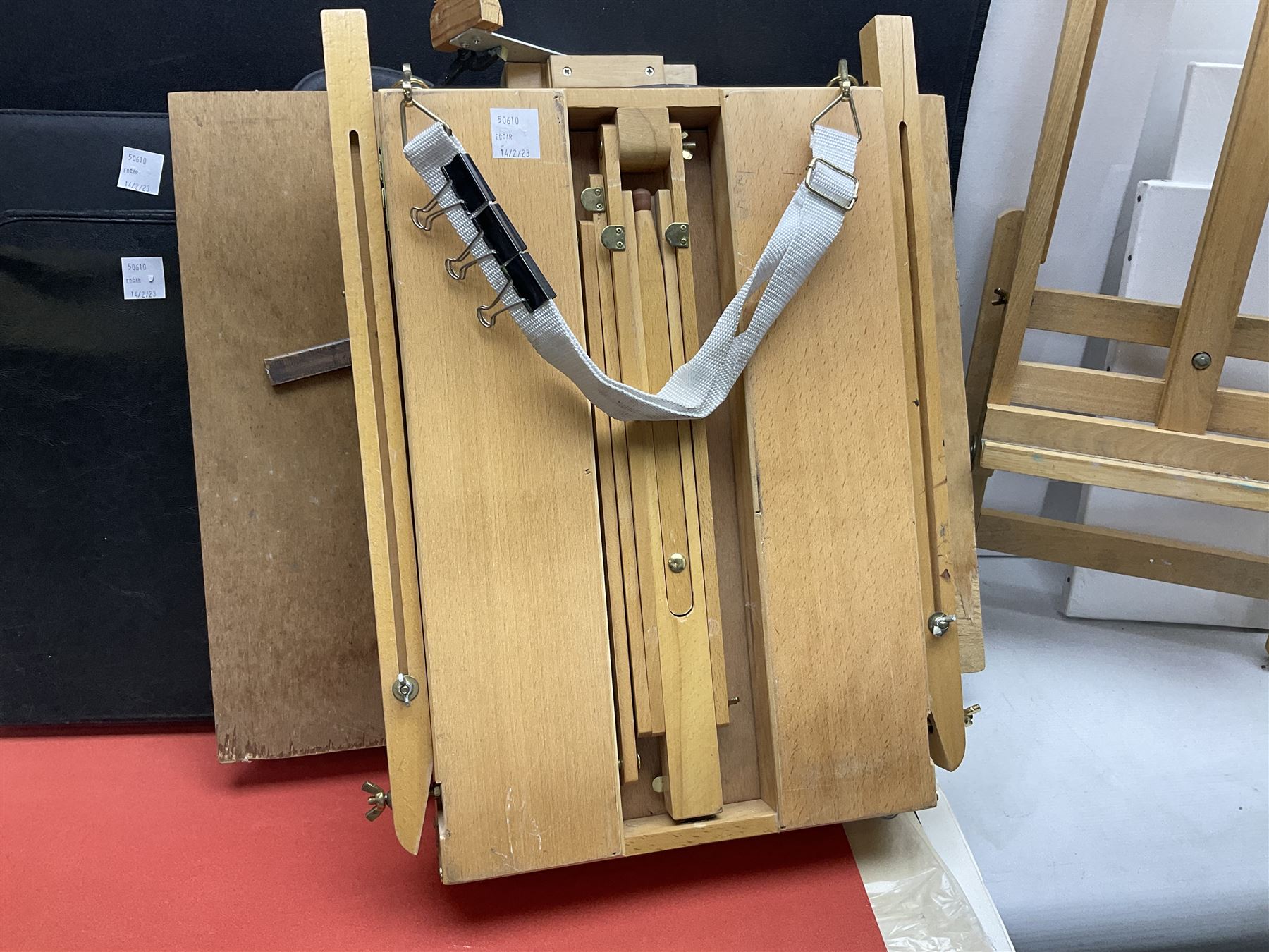 Large quantity of art supplies and equipment to include Crimson & Blake easel, tabletop easel, two large Winsor & Newton canvases and further smaller canvanses, sketchpads, paints etc